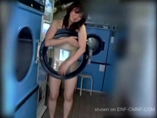 shy exhibitionist showing off her body in the laundry room